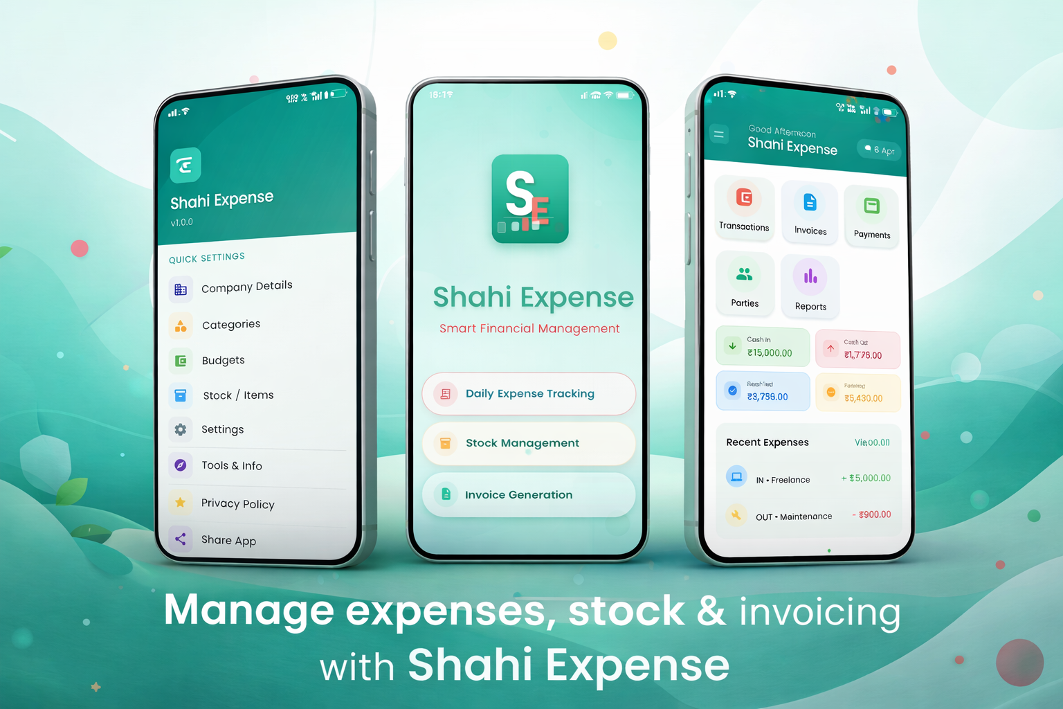 Shahi Expense on mobile — expenses, stock, invoicing