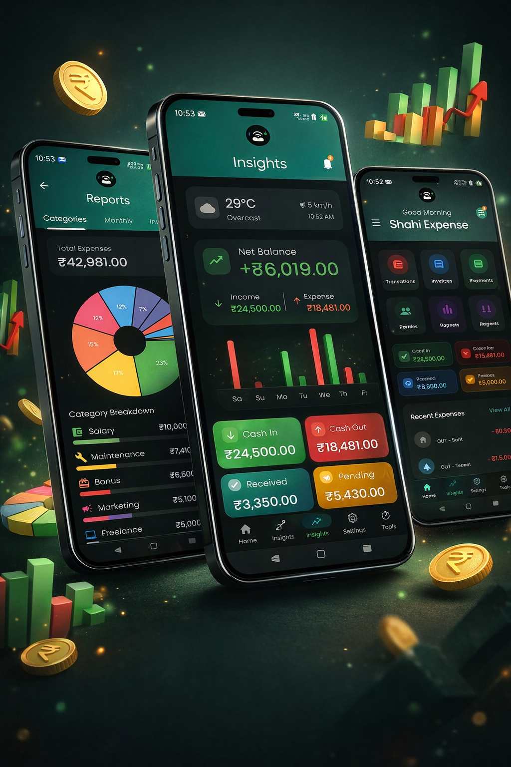 Insights dashboard with net balance and charts